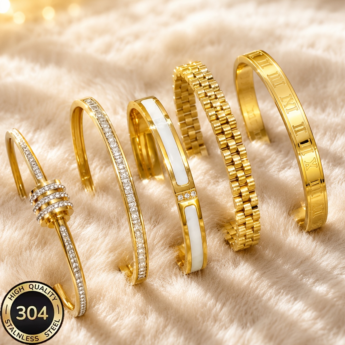 5pc Women's Stackable Bracelet Set, Hypoallergenic Stainless Steel